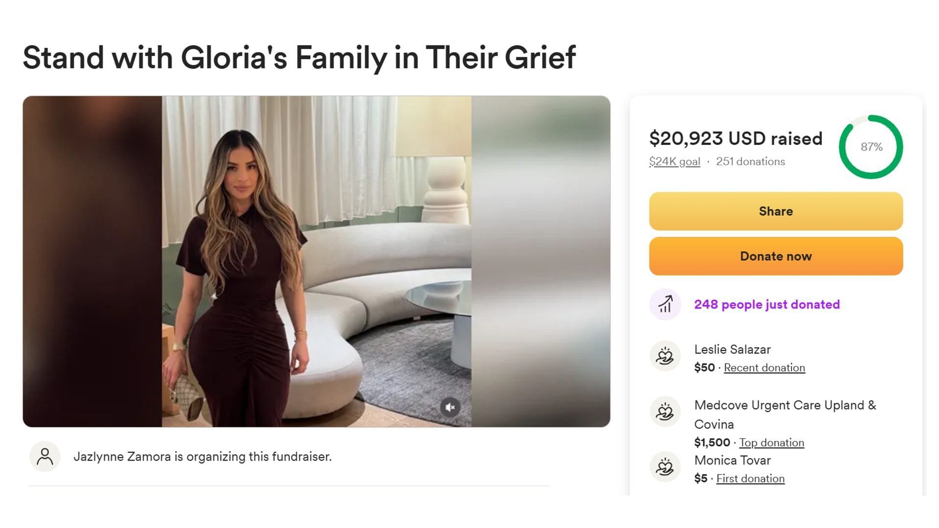 A glimpse of the fundraiser set up by Gloria Zamora's family. (Image via GoFundMe)